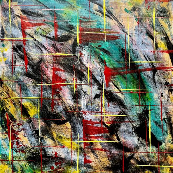 abstract background with vertical and horizontal lines in yellow and red acrylic paint